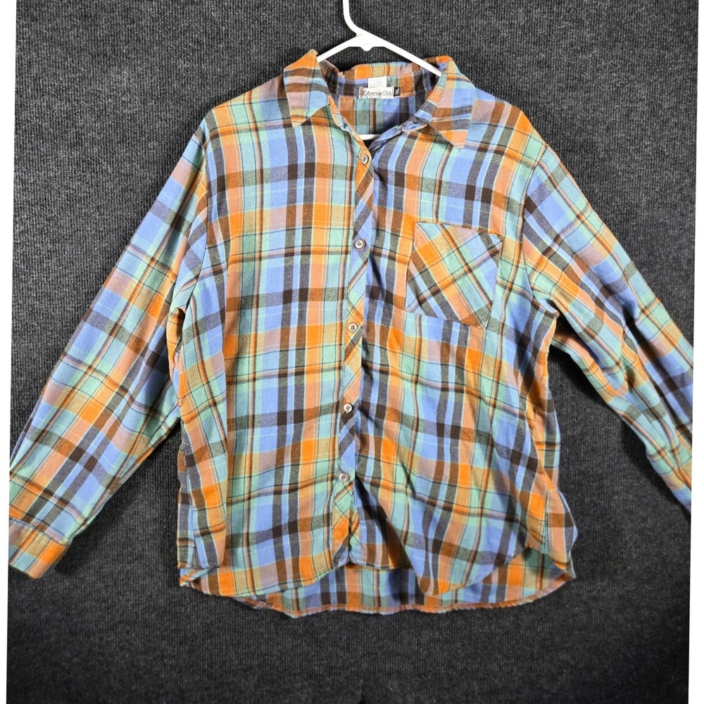 Z Avenue USA Mens 1XL Plaid Button Down Shirt Orange Blue Cotton SKU-685